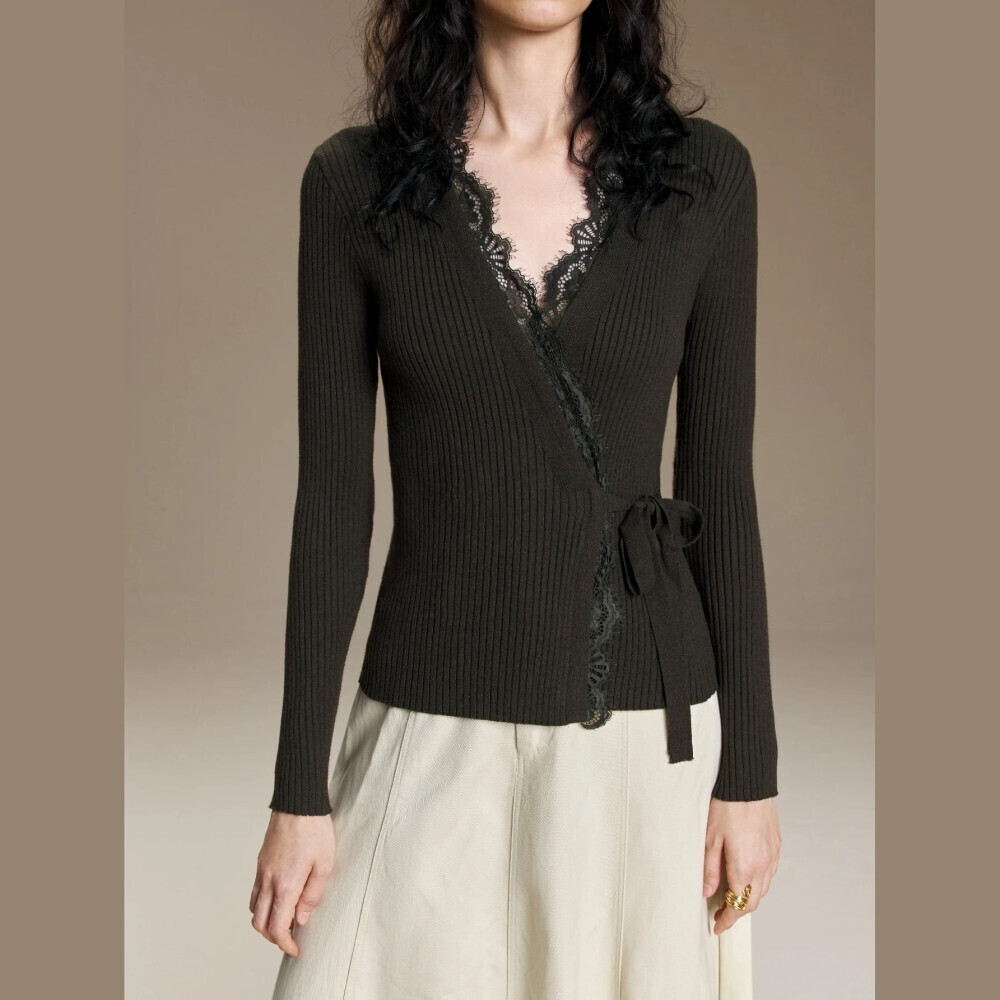 Espresso Brown Ribbed Knit Lace Trim Wrap Tie Waist Cardigan